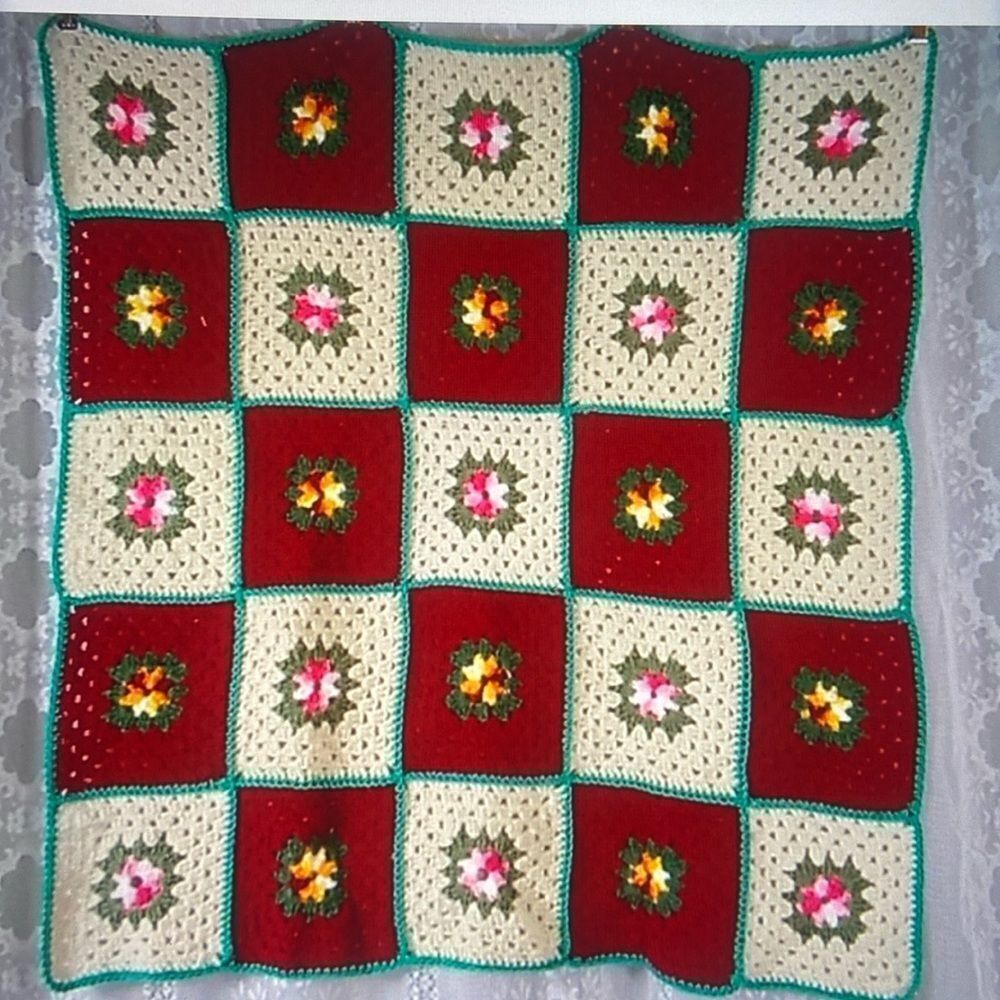 Handmade Afghan Floral Decorative Floral Blanket Size 38”x41”